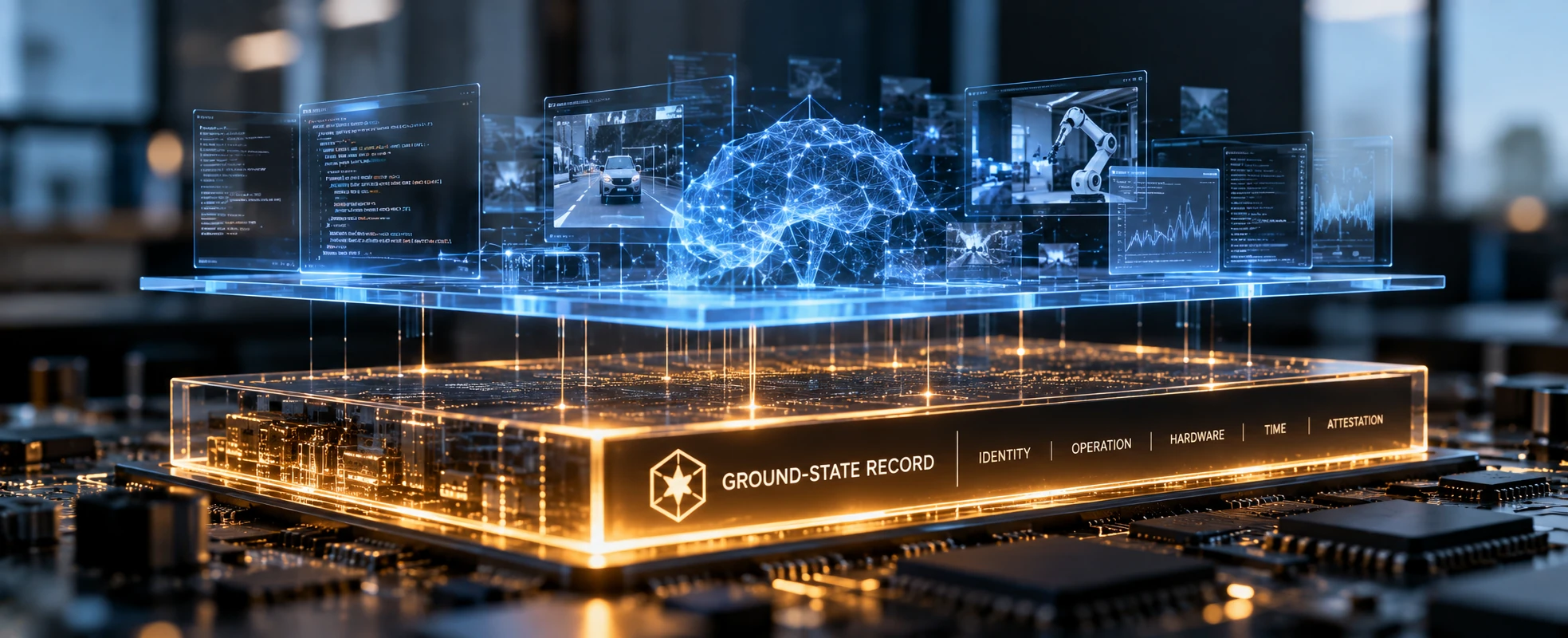 A layer of AI models, code, video and robotics floats above a glowing chip marked Ground-State Record, with Identity, Operation, Hardware, Time and Attestation along its edge.