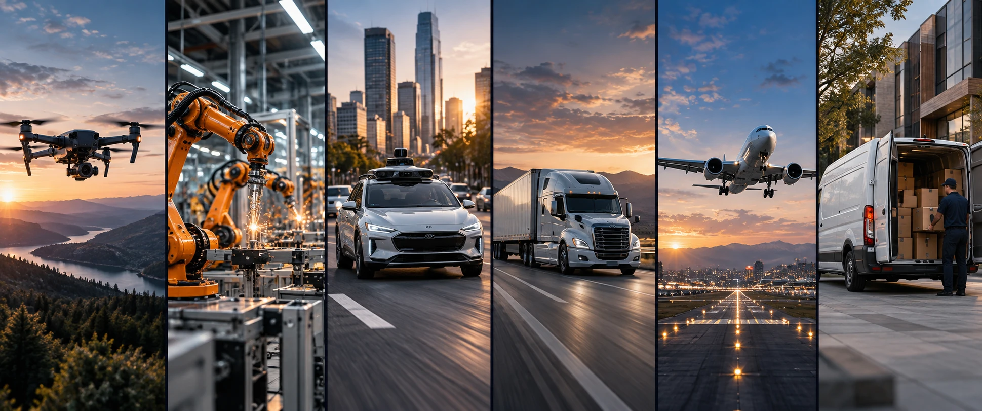 Six panels: a drone, robot arms on a factory line, a self-driving car, a semi truck, an airliner taking off, and a delivery van.