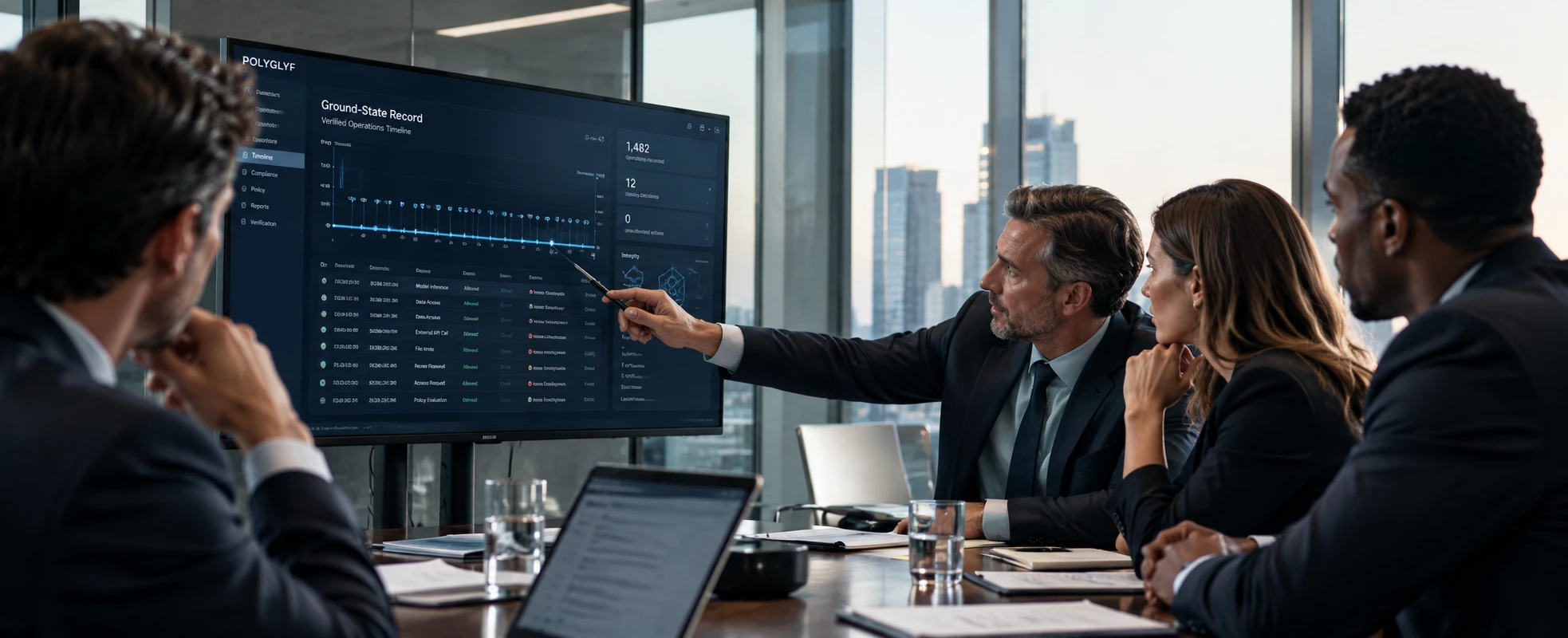 Four executives in a boardroom review the Ground-State Record timeline on a large screen.