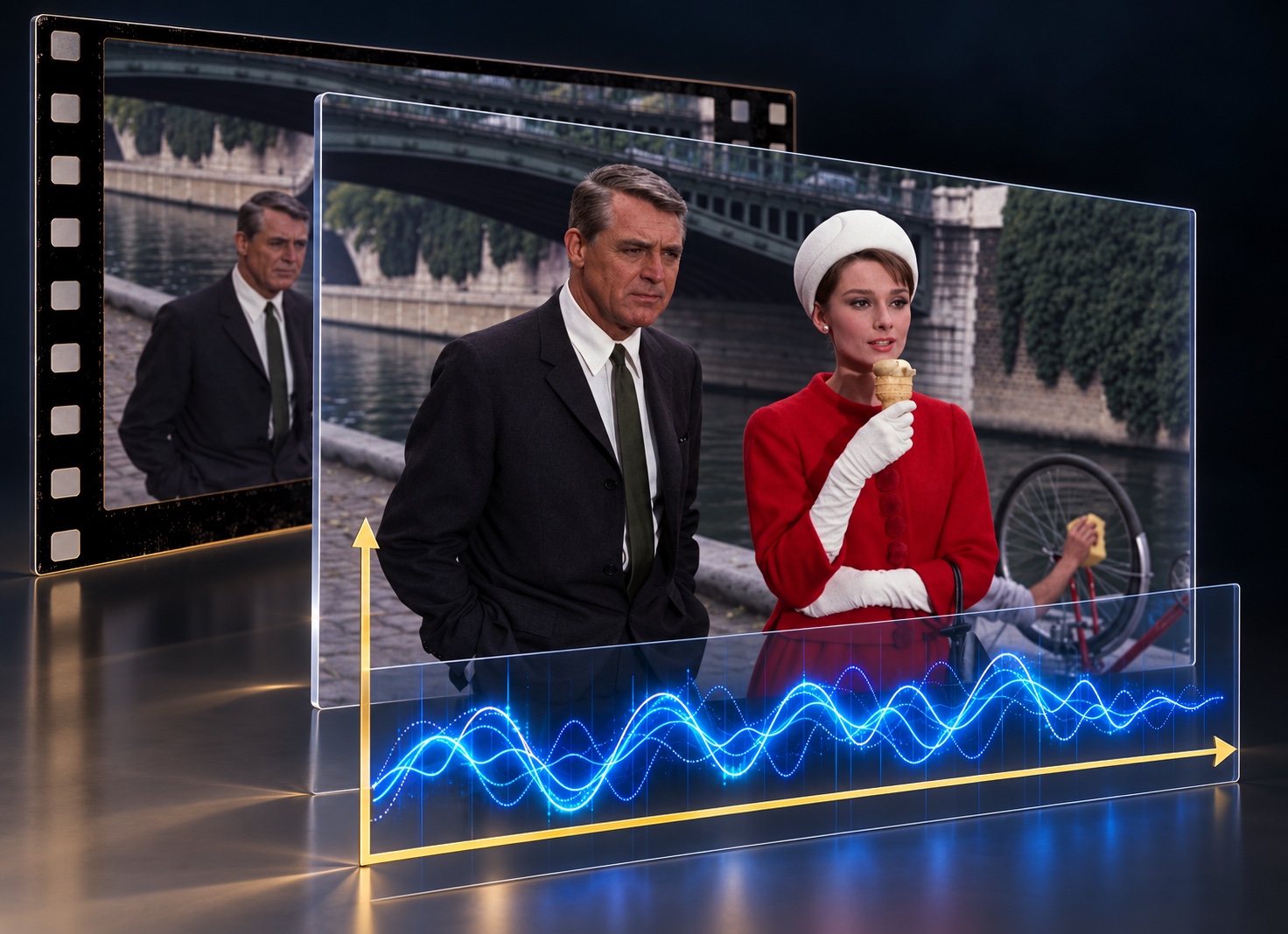 A classic film scene held on a film strip and a glass frame, its contents expressed as a glowing blue wave riding a gold axis of time.