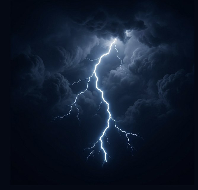 A bolt of lightning splitting dark storm clouds.