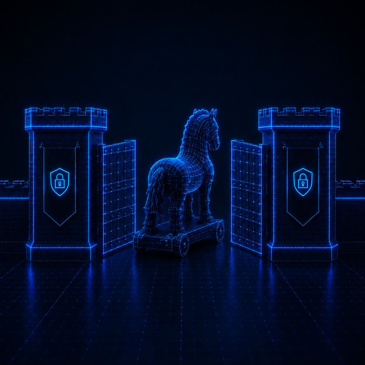 A glowing blue wireframe Trojan horse standing inside the opened gates of a fortified wall.